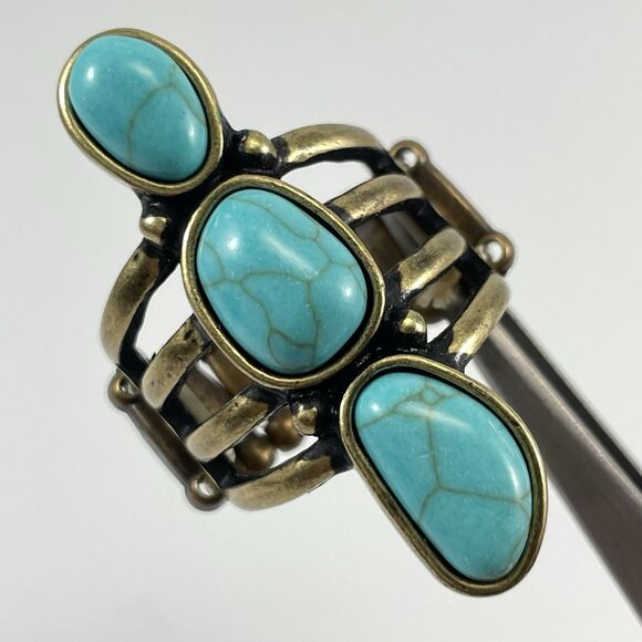 Turquoise Blue Howlite Cabochon Antique Gold Tone Stretch Ring Cocktail Boho - Picture 2 of 6